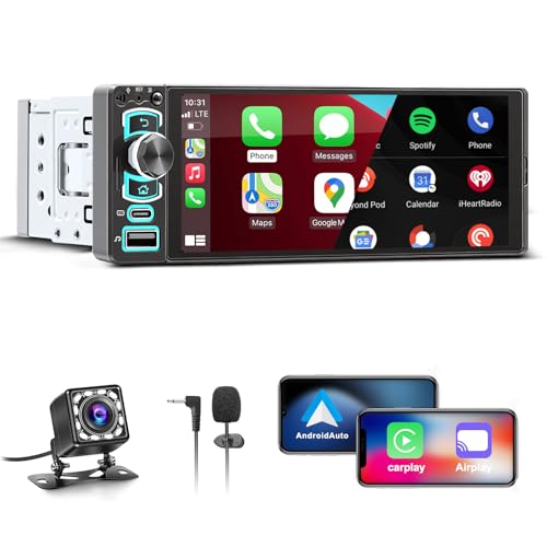 1 DIN Bluetooth Autoradio mit Bildschirm, Single DIN Auto Radio mit Wireless Apple CarPlay Android Auto 6,28