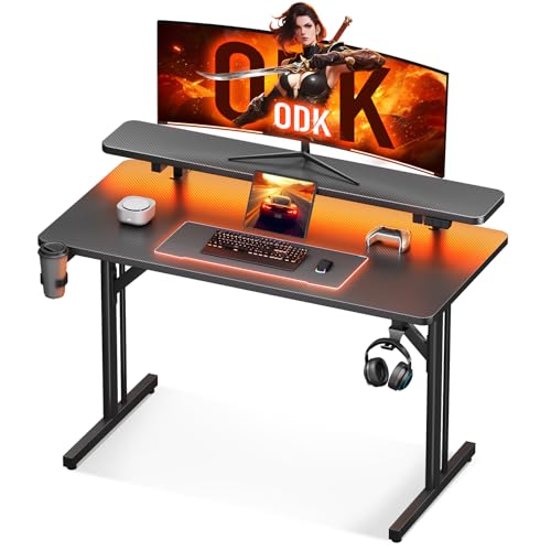 ODK Gaming Tisch, Kleiner Gaming Schreibtisch mit LED Beleuchtung, 80cm Computertisch mit Monitorablage, Carbon Fiber Schwarz PC Gamer Tisch