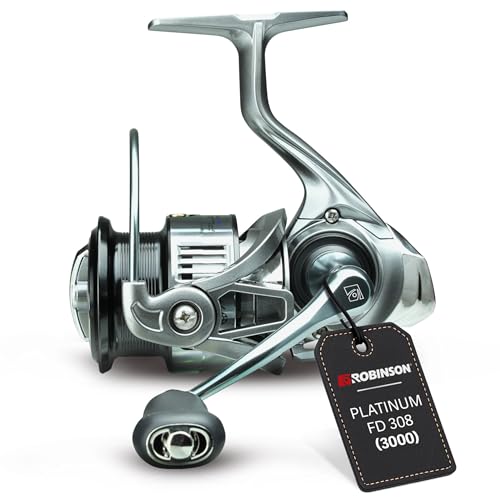 Robinson Angelrolle mit 8 Kugellagern - Rücklaufsperre - Graphitgehäuse - Aluminiumspule - 5.2:1 Übersetzung - 8kg Bremskraft - Spinnrolle - Platinum (3000)