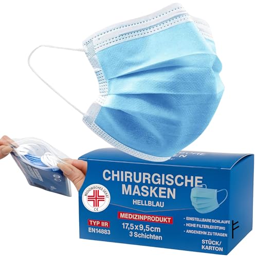 SS-Medical 100 Stück Medizinische OP Masken Typ IIR EN14683 zertifiziert – 3-lagige chirurgische Einwegmasken, CE-zugelassenes Medizinprodukt, BFE ≥ 98%, atmungsaktive Mundschutzmasken | Hellblau