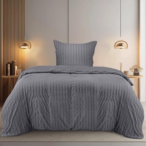 Utopia Bedding Seersucker Bettwäsche 135x200 Set - Mikrofaser Polyester Bettbezug 135x200 cm + 1 Kissenbezug 80x80 cm - Grau