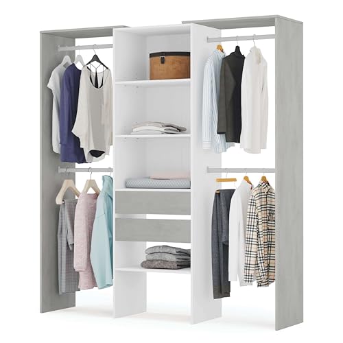 Habitdesign, offener Kleiderschrank mit 2 Schubladen – modernes Garderobensystem mit Kleiderstangen und Einlegeböden, in Artik weiß und Zementgrau, Maße: 179 x 202 x 50 cm (B x H x T), Modell Tidy