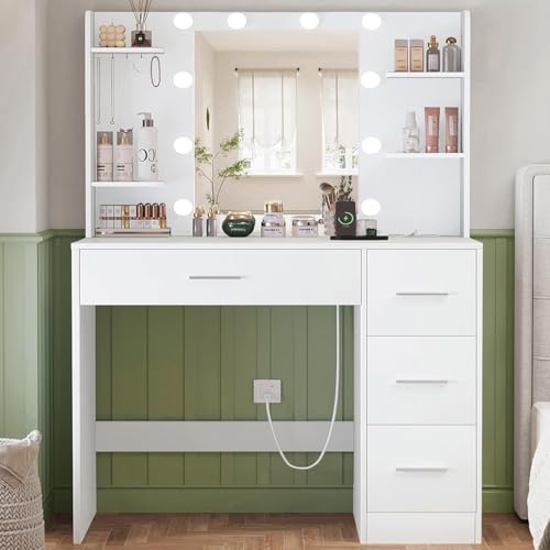 TEENFON Schminktisch mit Spiegel und Beleuchtung, Make-up Schminktische mit Steckdose, Schminktisch mit 4 Schubladen, 4 offenen Regalen, 5 Schmuckhaken für Schlafzimmer, Weiß