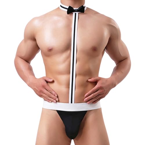 ROSVAJFY Herren Sexy String mit Fliege Cosplay Kellner, Mann Tanga Borat Unterwäsche, Herrens Sexy Thong Outfit Rollenspiel Waiter, Mankini Body Unterhose Slip (Schwarz)