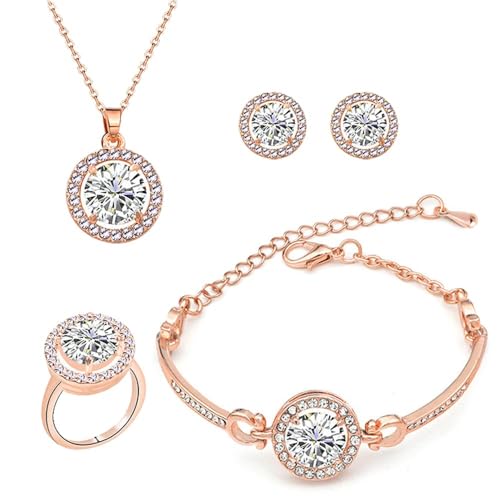 TOFBS Runder Kristall Schmuckset Halskette Armband Ohrringe Ring Damen Glänzend Elegant Hochwertig Zeitlos