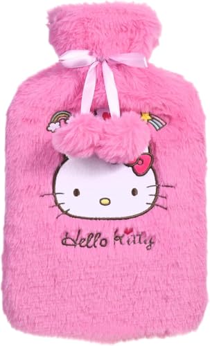 Hello Kitty Wärmflasche mit weichem Kunstpelzbezug | BS1970 zertifiziert | Auslaufsichere Naturkautschuk-Wärmeflasche für Krämpfe, Schmerzlinderung & Winterwärme | Großer Öffnungsverschluss für