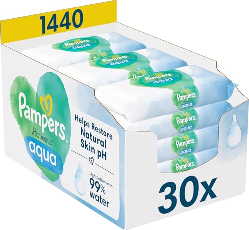 Pampers Harmonie Aqua Baby Feuchttücher Box, 1440 Tücher (15 x 96), sanfter Hautschutz für zarte Haut mit 99% Wasser