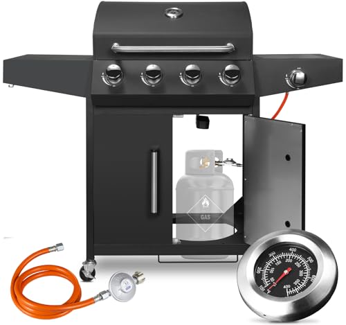 LIFERUN Gasgrill 4+1 Edelstahl Brenner,15 kw Gas Grillwagen BBQ mit Seitenkochfeld,Gasgriller mit Thermometer,4 PCS Bremse Rollen,DE I3B/P(50) Gasdruckregler,Standgrill Camping Garten(Butan/Propan)