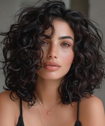 FASHION IDOL Kurz Tief Gewellt Spitzenfront Bob-Perücken für Frauen Echthaar Verworrene Lockige Perücke Seitenteil Schulterlange Perücke Vorgezupft Mit Babyhaar 150% Dichte