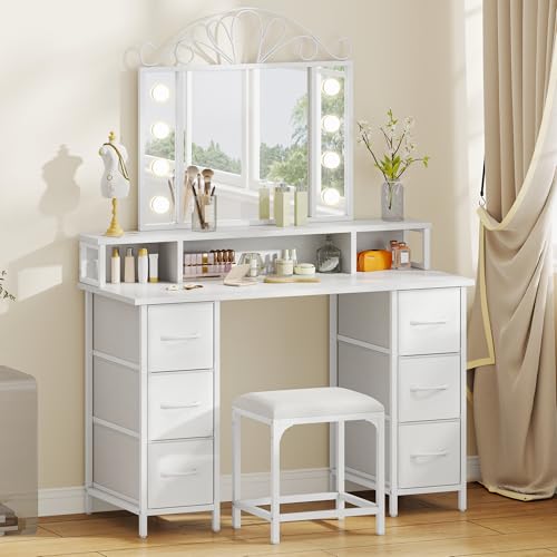 Schminktisch mit Beleuchtung,Stoffschubladen Frisiertisch mit Spiegel Schubladen Einstellbarer Helligkeit,Schminktische mit Türen, Make up Tisch mit Schmuckablage Verstellbaren Ablagen,Holzfarbe