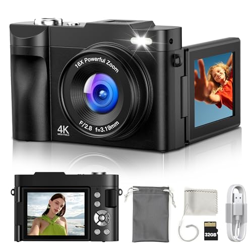 Digitalkamera 4K Kamera Fotokamera 50MP: 3 Zoll 180° Flip-Bildschirm Digital Kamera für Vlog - Vintage Fotokamera Kinder - Autofocus Camera - Geschenke für Teenager Junge Mädchen 8-16 Jahre Schwarz