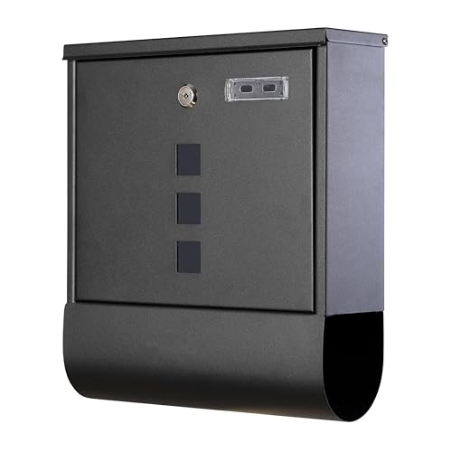 Grafner Design Briefkasten schwarz mit Zeitungsfach, pulverbeschichtet, abschließbar – 2 Schlüssel inkl, 3 Sichtfenster, eckige Ausführung, Montagematerial, anthrazit, Postkasten Wandbriefkasten