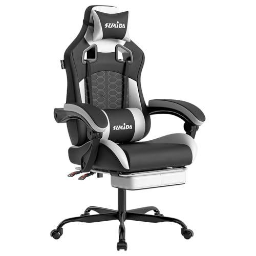 SUKIDA Gaming Stuhl, Ergonomischer Gaming-Stuhl mit Fußstütze, Racing Gaming Chair Kopfstütze Verstellbarer Computerstuhl Höhenverstellbar Lendenwirbelstütze für Homeoffice und Gaming Schwarz