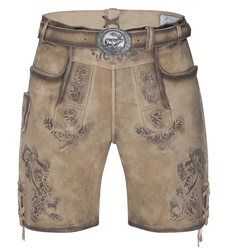 Schöneberger Trachten Couture Herren Lederhose kurz mit Trachtengürtel -Traditionelle Antik Trachtenhose für Oktoberfest aus Original Nubukleder (Wildbock,braun, 52)