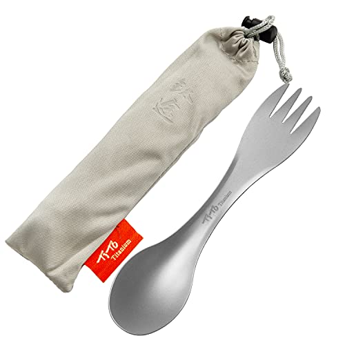 TiTo Titanium Outdoor 2-in-1 Titan Löffel/Spork mit Griff,Multifunktional Tragbare Ultraleichtem Besteck Camping Rucksackreisen mit Aufbewahrungstasche für Trekking (Sandsprühen)