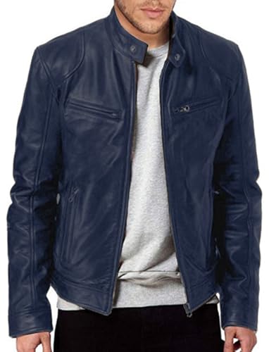 Generisch Lederjacke Herren Schwarz Leder Jacken mit Stehkragen Motorrad Jacken Männerlederjacke mit Reißverschluss Biker Jacken Vintage Kunstleder Outwear Casual Leicht Übergangsjacke