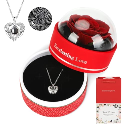 MUCOOS Ewige Echte Rose mit Herz Halskette Handgefertigte Blumen Rosenbox 925 Sterling Silber Damen Kette Infinity Rosen Geburtstag Valentinstag Muttertag Hochzeitstag Geschenke