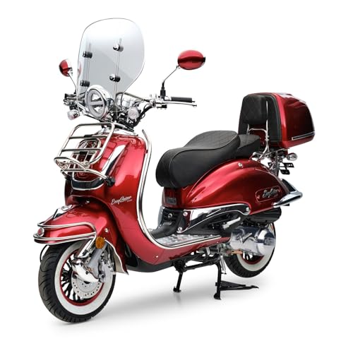 Burnout Motorroller 125cc EasyCruiser Rot, Euro 5, Einspritzmotor 9 PS (6,3 kW), 85 km/h, Windschild, USB-Anschluss, Topcase, LED, Zweisitzer, Weißwandreifen, Chrompaket