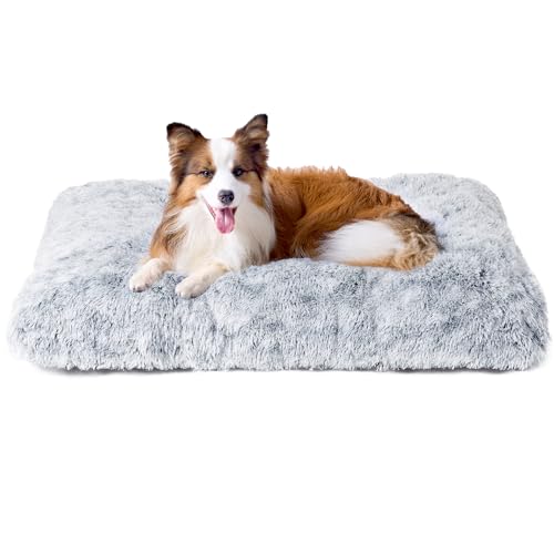 EHEYCIGA Flauschig Hundebett Mittelgroße Hunde, Hundekissen Grosse Hunde Waschbar, Kuschelig rutschfest Hundematte mit Langem Plüsch, Grau, 90x60cm