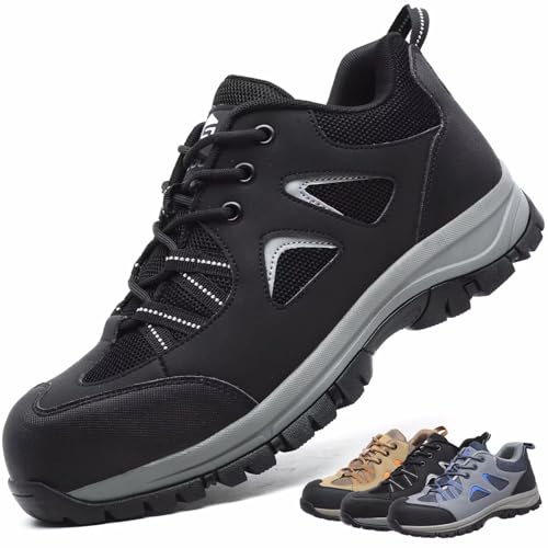 CYKYGGO Arbeitsschuhe Herren Sicherheitsschuhe Damen Leicht Atmungsaktiv rutschfeste Anti Smashing Stahlkappenschuhe Schwarz 43