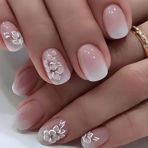 24er Set Weiße Quadratische Klebe-Nägel Kurz mit Blumenmuster, Verlauf Pink Künstliche Fingernägel, Wiederverwendbare Press on Nails für Nageldesign – Inkl. 12 Größen