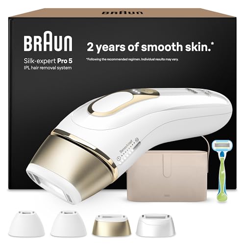Braun IPL Silk·expert Pro 5 – IPL Geräte Haarentfernung, dauerhaft und schmerzfrei Haarentfernung für Zuhause – Etui mit Gillette Venus Rasierer, 4 Aufsätze, Designed In Germany – PL5342, Weiß/Gold