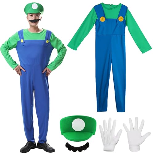 Shengruili Mario Kostüm Luigi Kostüm Set,Luigi kostüm,Bros CosplayKostüm,Herren Outfit für Weihnachten Karneval Faschingskostüme