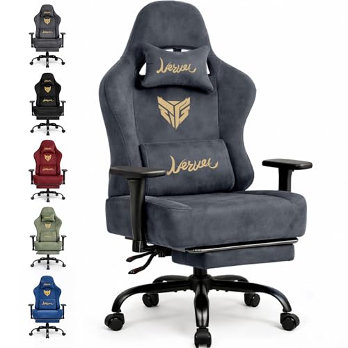 Gaming Stuhl Chair Gamer Sessel - wildlederartiger Stoff, 3D-Armlehnen, neigbare Rückenlehne, höhenverstellbarer Sitz, ausziehbare Fußstütze, Lenden- & Kopfstütze, 220 kg Belastbarkeit, Grau