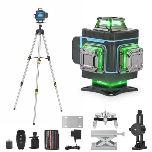 ansigtny Kreuzlinienlaser mit Stativ, 4 x 360 ° Grün Laser Wasserwaage Selbstnivellierend 4D 16 Linienlaser für Baustelle Kreuzlaser Mit 1.5M Stativ, 6000mAh Wiederaufladbare Batterien, Fernbedienung