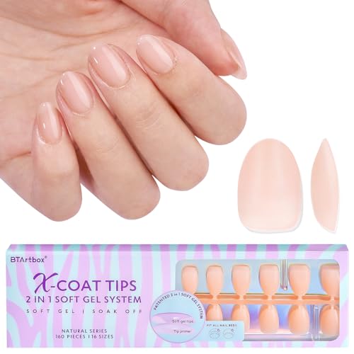 BTArtbox Extra Short Almond Press On Nails Soft Gel Full Cover Nail Tips für Gelnägel, 160 Stück PRE-DESIGNED XCOATTIPS Kurz Nageltips Mandel Künstliche Nägel Nagelspitzen Tips für Nail Extensions