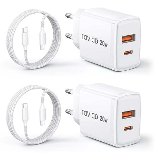 RAVIAD 20W USB C Ladegerät 2-Pack, [USBC + USBA] Schnellladegerät mit USB C Kabel 2M, Handy Netzteil Typ C mit 2-Port, Kompatibel mit iPhone 17 16 15 Pro Max, Samsung Galaxy S25 S24 S23 Ultra