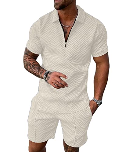 Hoefirm Herren Trainingsanzug Sommeranzug Sets 2 teilig Freizeitanzug Poloshirt mit Halbzip Shorts Kurzärmelig Alltag Urlaub Khaki S