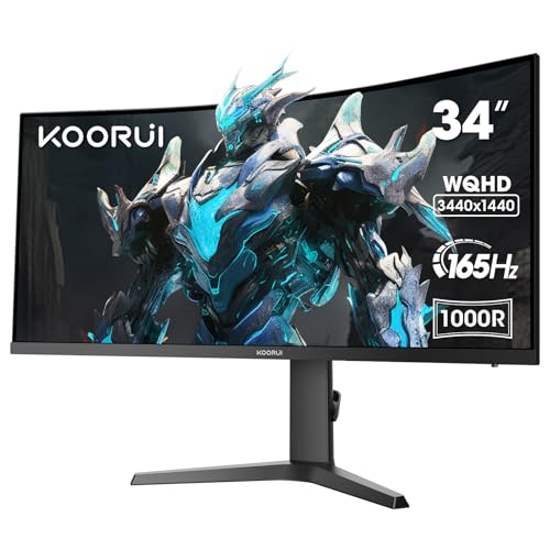KOORUI 34E6UC 34 Zoll Ultrawide Curved Gaming Monitor, PC Bildschirm 165Hz, 1MS HDR 400, 1000R, UWQHD 3440x1440, Adaptive Sync, 2xHDMI & Display Port, VESA 75x75mm, DCI-P3 90% Höhenverstellbar