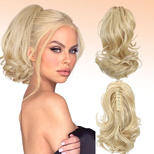 Webshaiy Short Ponytail Extension Pferdeschwanz Verlängerung 30cm Kurz Klaue Clip in Pferdeschwanz Haarverlängerungen Lockig Wellig Haarverlängerungen Synthetisches Haarteil für Frauen Natural Blonde
