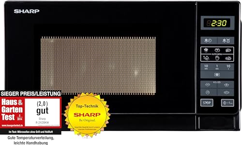 Sharp R242BKW Solo-Mikrowelle / 20 L / 800 W / 5 Leistungsstufen / 8 Automatikprogramme / Gewicht und zeitgesteuerte Auftauen / Kindersicherung / Energiesparmodus / Glasdrehteller (25,5 cm) / schwarz