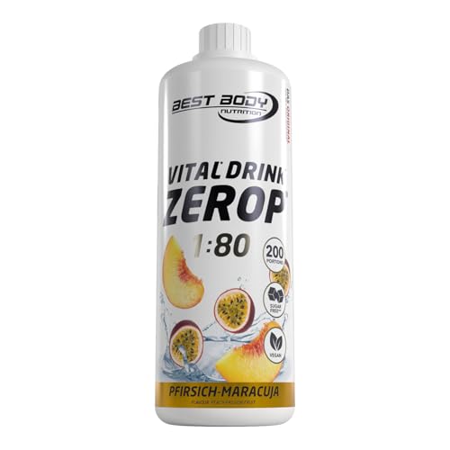 Best Body Nutrition ZEROP Vital Zuckerfreies Getränkekonzentrat Sirup Pfirsich-Maracuja Ohne Aspartam 1 L ergibt 80 L Getränk Fitness Drink mit Vitaminen B1 B6 Niacin Kalorienarm Wassersprudler