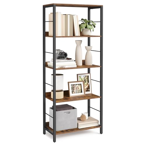VASAGLE Bücherregal 5 Ebenen, Regal, Aufbewahrungsregal, 30 x 60 x 144 cm, mit Rückplatten, für Wohnzimmer, Arbeitszimmer, Homeoffice, Industrie-Design, vintagebraun-tintenschwarz LLS117B01