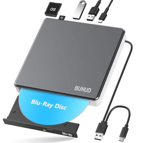 BUNUD Externes Blu Ray CD DVD Laufwerk USB 3.0 & Type-C CD/DVD Blu-Ray Brenner Writer mit 2 USB & SD/TF Slots, Optical 3D BD Bluray Laufwerk Extern für PC Laptop Windows 11/10 Mac MacBook