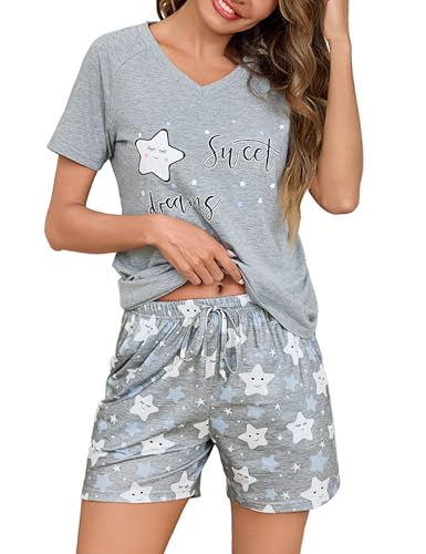 Litherday Schlafanzug Damen Kurz Pyjama Set Kurzarm Nachtwäsche Set Baumwolle Schlafhose Stern Gedruckt Sommer V Aussschnitt Loungewear Grau M