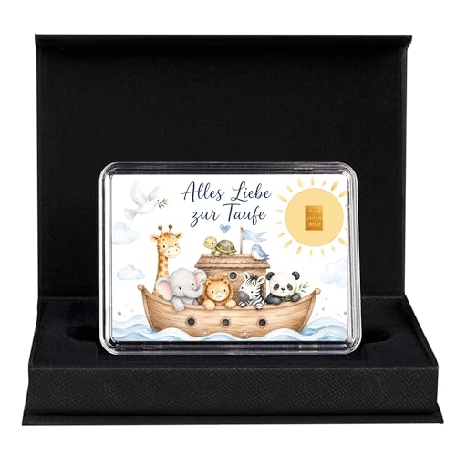 Goldgeschenk zur Taufe Arche Noah – 0,5g / 1g Goldbarren oder 3,11g Krügerrand Goldmünze – Geschenkbox mit Grußkarte – Taufgeschenk Baby & Kind von Goldstücke24 (0,5g Goldbarren)
