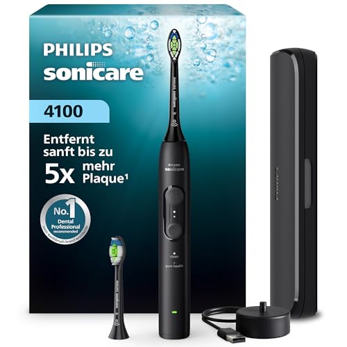 Philips Sonicare Series 4100 Elektrische Zahnbürste – Schallzahnbürste mit Drucksensor, 4 Putzeinstellungen, EasyStart, SmarTimer, 21 Tage Laufzeit, Reiseetui, Schwarz, HX4044/52, [Neu]