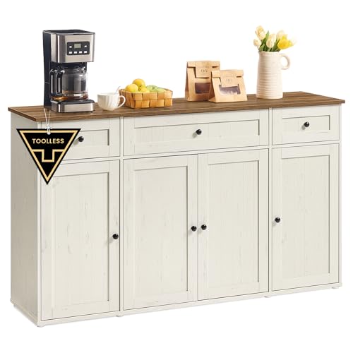 SONGMICS Home Sideboard, superschnelle werkzeuglose Montage, Toolless-Technologie, Küchenschrank mit Arbeitsplatte, Buffetschrank, verstellbare Ablagen, vintageweiß-honigbraun BBK376WJ02