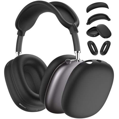 TNSNK 4 in 1 Silikon Hülle Cover für Airpods Max Kopfhörer, Kratzfest Hülle für Airpods Max Zubehör (Ohrmuschelabdeckungen/Kopfband Abdeckug/Ohrpolster Abdeckung/Oberteil-Schutz) - Schwarz