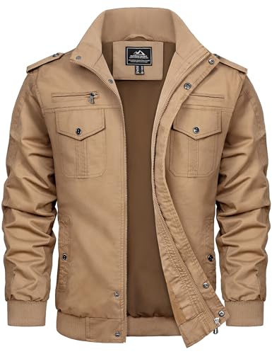 TACVASEN Jacke Herren Übergang Fliegerjacke Arbeitsjacke Winddichte Frühlingsjacke Armeejacke Windbreaker Khaki L