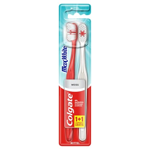 Colgate Zahnbürste Max White, mittel, 2 Stück - Handzahnbürste für natürlich weiße Zähne, mit mittelharten Borsten
