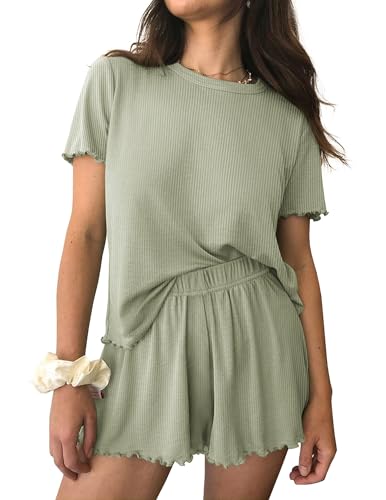Ekouaer Schlafanzug Damen Kurz Gestrickt Zweiteiliger Pyjama Set Kurzarm Nachtwäsche Sleepwear Hausanzug Loungewear Hellgrün M