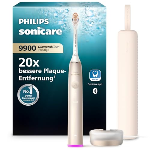 Philips Sonicare DiamondClean Prestige 9900 elektrische Zahnbürste – Schallzahnbürste mit 1x A3 Premium-All-in-One-Bürstenkopf und Ladeetui in Champagner (Modell HX9992/11)
