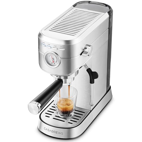 CASABREWS Espresso Siebträgermaschine 20 Bar, Edelstahl-Espressomaschine mit professionellem Milchaufschäumer, Klein Kaffeemaschine Espresso für Cappuccino, Latte & Macchiato, 1L Wassertank, silber