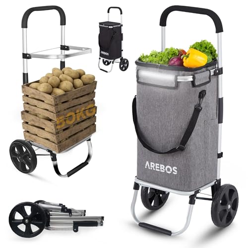 Arebos 3in1 Einkaufstrolley | Trolley groß 56 Liter | Einkaufswagen mit Kühlfach | Einkaufstasche mit Rollen | Klappbarer Shopper | klappbar Tasche abnehmbar | Einkaufsroller, Handwagen | Grau