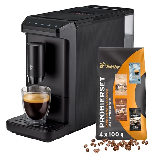 Tchibo Kaffeevollautomat Esperto mini für Caffè Crema und Espresso, nur 16cm breit, klein und kompakt, geeignet für jede Küche, Camping, Studentenapartment, Schwarz - INKLUSIVE Kaffeeprobierset GRATIS